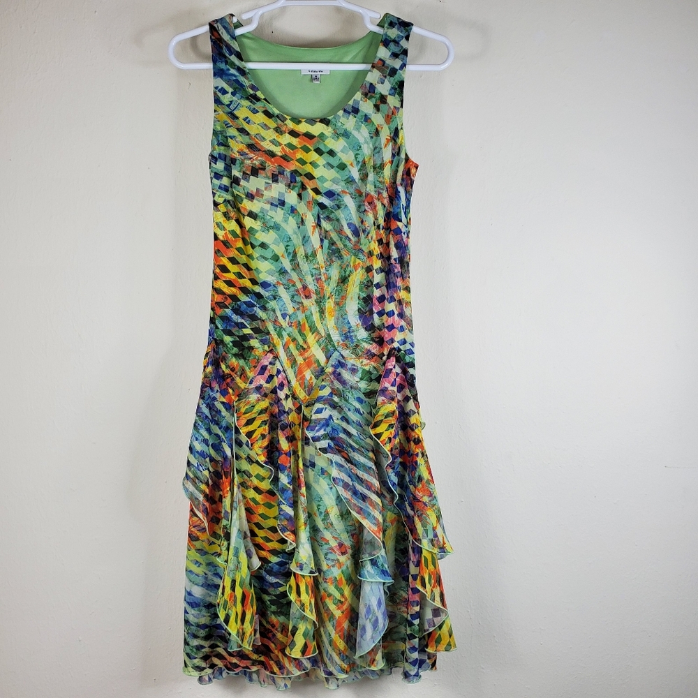 Signature by Robbie Bee Dress Size 10 Tiered Ruffle Midi Beachy Retro Sleeveless